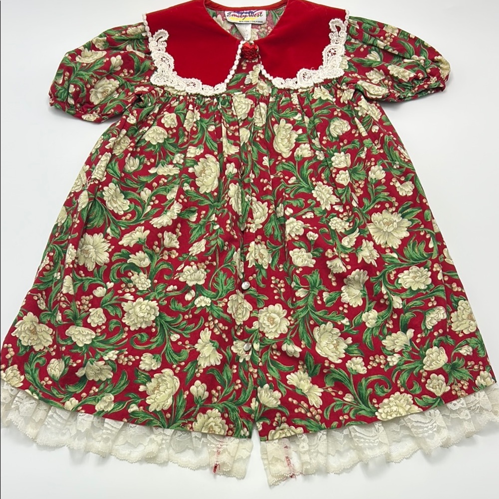 Emily West Vintage Red Green Floral Dress Cotton Girls 6 Peter Pan Collar retro